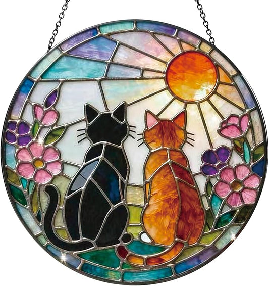 Greatingreat Cat Stained Glass Window Hanging, Home Room Decor 7.8 Inch Sun Catchers Indoor Window, Whimsical Decor for Christmas Mother's Day Birthday Gifts for Women Men Mom Nana