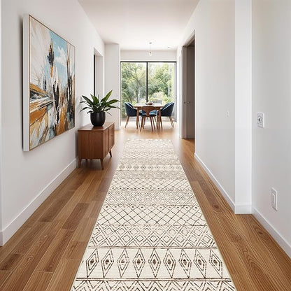 2'6"x14' Hallway Runner Rug Washable: Moroccan Non Slip Runner Rugs Low Pile Indoor Floor Mats Long Moroccan with Rubber Backing Soft Farmhouse Carpet for Front Door Entryway 2'6"x14' Geo Beige