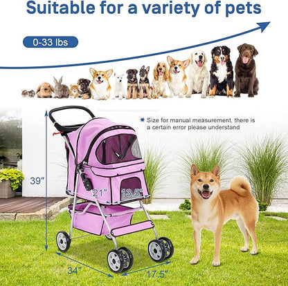 Best 4 Wheels Pet Stroller for Dog and Cat Stroller, Lightweight and Foldable Carrier Strolling Cart W/Cup Holders Removable Liner for Small and Medium Dog Cat or Pet - Pink