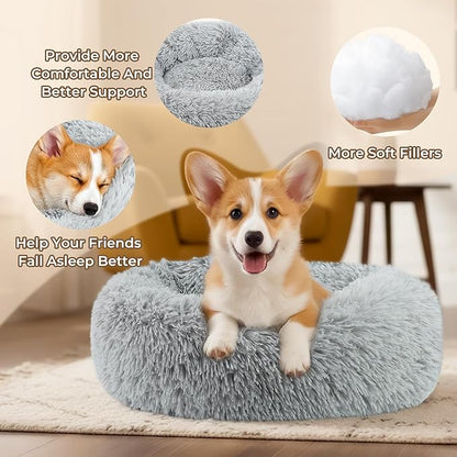 Calming Anti-Anxiety Donuts Dog And Cat Bed, Round Fluffy Soft Washable Small Medium Pet Bed For Puppy And Kitten, Cuddler Warming Comfortable Cushion, Luxury Anti-Slip Waterproof Mute Base 28in Gray