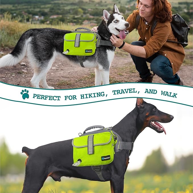 PetAmi Dog Backpack for Medium Large Dogs, Dog Saddle Bag for Dogs to Wear, Harness Saddlebag with Reflective Safety Side Pockets for Hiking, Camping, Vest Dog Pack for Travel (Green, Medium)