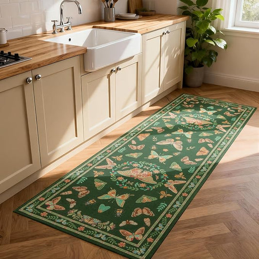 Unirea 2x6 Dark Green Runner Rug, Washable Non Slip Insect Botanical Rug for Hallway, Kitchen, Bathroom, Laundry Room, Entryway, Bedroom, Soft Boho Door Mat Indoor Entrance Bug Rugs, Low Pile Carpet