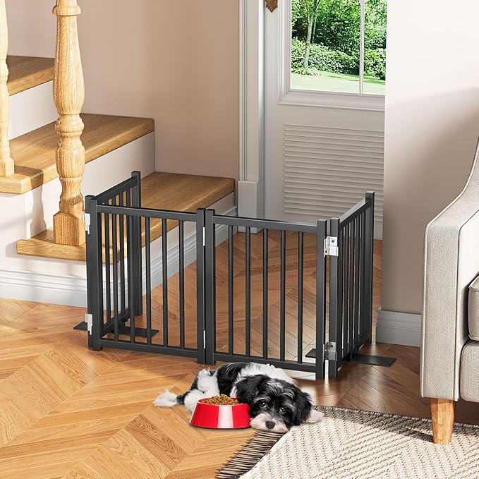Snughome Short Dog Gate Indoor, 16" High Freestanding Small Dog Door Gates with Support Feet, Expands Up to 48’’ Wide Foldable Pet Gate for Doorway, 4 Panel Folding Pet Door Pet Fence for Puppy, Black
