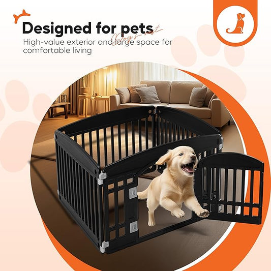 HealSmart 4 Panel Dog Playpen, 24” Exercise Puppy Playpen with Door, Safe, Secure, Folding & Portable Pet Playpen for Indoor & Outdoor Use, Suitable for Puppies and Small, Black