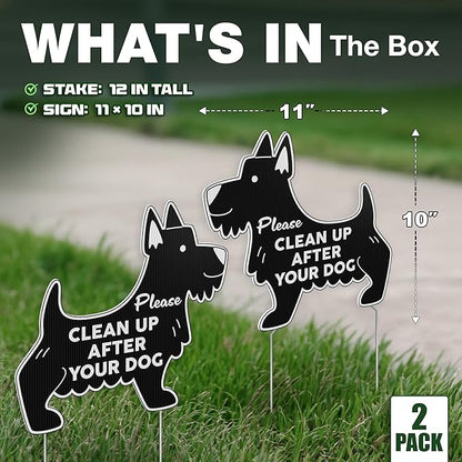 Clean Up After Your Dog Signs with Stakes, 11 x 10 Inch Black Dog Shaped Double Sided No Pooping Signs for Yards for Yard, Weather-Resistant Corrugated Plastic Lawn Sign