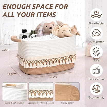 3 Pack Storage Basket for Shelves, Boho Cotton Rope Storage Bins with Heavy Tassel, Shelf Baskets Large Woven Baskets for Organizing, Cube Organizer Bins, Baby Laundry Basket for Clothes, Toys, Pets