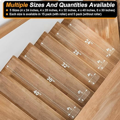 Clear Non Slip Stair Treads for Wooden Steps Indoor 15 Pack 4" x 28" Pre-Cut Anti Slip Stair Strips for Wood Stairs, Grip Tape Transparent Step Tread Grips for Dogs Kids and Pets, Waterproof