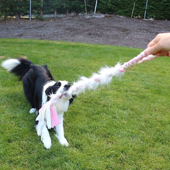 Baba&Nana Braided Fleece Dog Tug Toy, Assorted Colors Dog Rope Toy with Ball, Interactive Tug of War Dog Toy for Large & Medium & Agility Dogs (Pink/Blue-Donut Style)