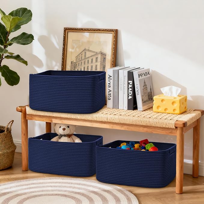 4 Pack Large Storage Basket for Organizing, 17.5"x13"x7" Woven Basket for Shelves, Closet Cube Storage Bins with Wrapped Handle, Cotton Rope Baskets for Kitchen, Clothes, Toys(Navy Blue)