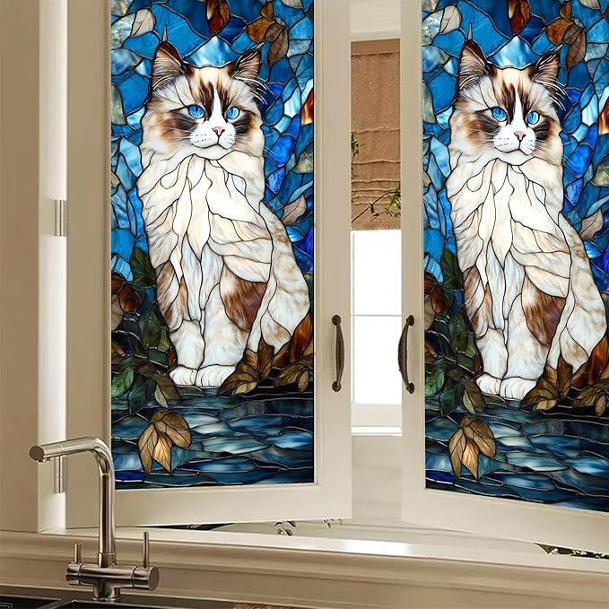 Privacy Window Film Cat Design Decorative Window Cling Stained Glass Style Static Cling Glass Sticker for Kitchen Bathroom Entry Door Panel 17.7 x 39.3 Inch