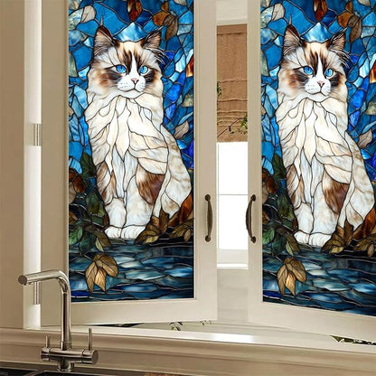 Privacy Window Film Cat Design Decorative Window Cling Stained Glass Style Static Cling Glass Sticker for Kitchen Bathroom Entry Door Panel 17.7 x 39.3 Inch