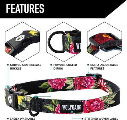 Wolfgang Heavy Duty, Adjustable Dog Collar with Quick Release Nylon Buckle for Walking & Training, DarkFloral Print, Small