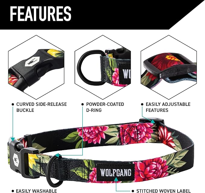 Wolfgang Heavy Duty, Adjustable Dog Collar with Quick Release Nylon Buckle for Walking & Training, DarkFloral Print, Large