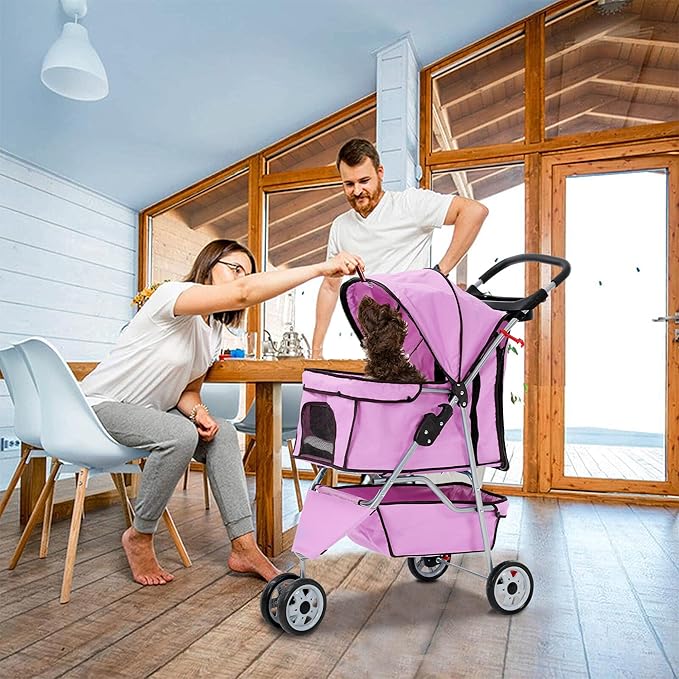 3 Wheels Dog Stroller, Foldable Pet Stroller for Small Medium Dogs, Portable Breathable Cat Stroller Dog Strollers with Storage Basket, Cup Holders, Removable Liner for Travel & Outdoor Use, Pink