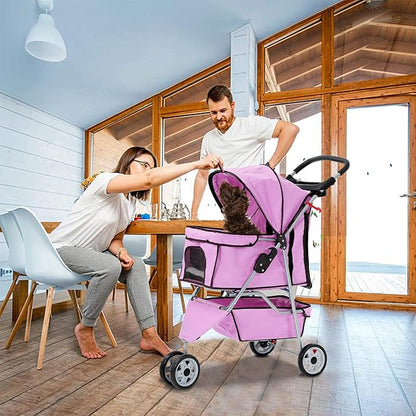 3 Wheels Dog Stroller, Foldable Pet Stroller for Small Medium Dogs, Portable Breathable Cat Stroller Dog Strollers with Storage Basket, Cup Holders, Removable Liner for Travel & Outdoor Use, Pink