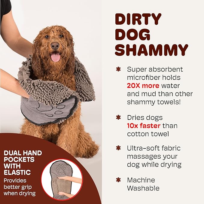 Dog Gone Smart The Dirty Dog Shammy - 2-Pack, Fast Drying Plush Shammy Towel with Dual Hand Pockets and Elastic - Super Absorbent Microfiber and Machine Washable - 31×13 in, Grey
