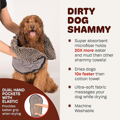 Dog Gone Smart The Dirty Dog Shammy - 2-Pack, Fast Drying Plush Shammy Towel with Dual Hand Pockets and Elastic - Super Absorbent Microfiber and Machine Washable - 31×13 in, Grey