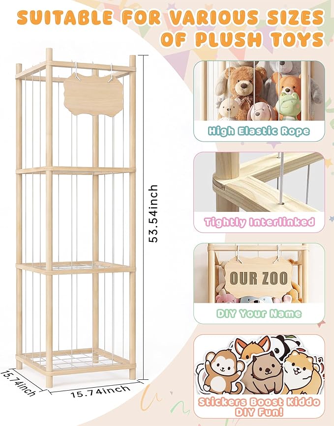 Stuffed Animal Storage Holder, Kids Plushies Toy Storage Organizer with Cute Sticker, 54In Wood Stuffed Animal Zoo Storage, Toy Shelf for Boys Girls, Ideal for Nursery, Playroom, Bedroom, Toddler Room