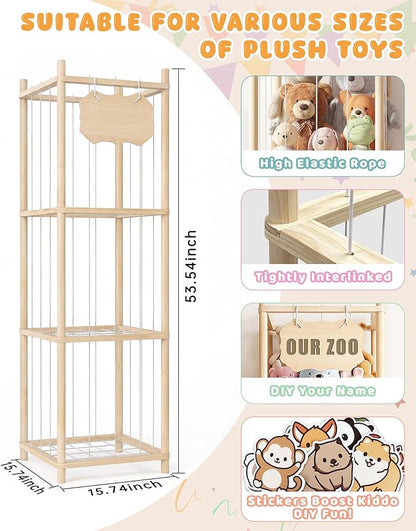 Stuffed Animal Storage Holder, Kids Plushies Toy Storage Organizer with Cute Sticker, 54In Wood Stuffed Animal Zoo Storage, Toy Shelf for Boys Girls, Ideal for Nursery, Playroom, Bedroom, Toddler Room