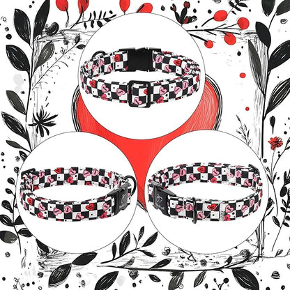 Valentines Dog Collar for Small Dogs - Unique Black White Plaid Girl Boy Valentine Heart Dog Collars, Adjustable Heavy Duty Pet Collar with Metal Buckle S