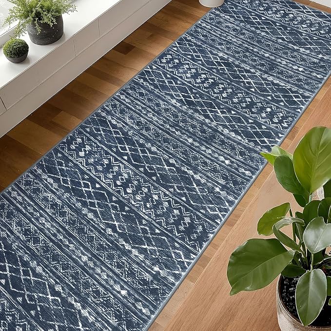KUTA Moroccan Washable Runner Rug 2.6x18 Non-Slip Vintage Navy Blue Boho Hallway Kitchen Rugs Ultra Soft Geometric Floor Carpet Runners for Bedroom Stairway Living Room