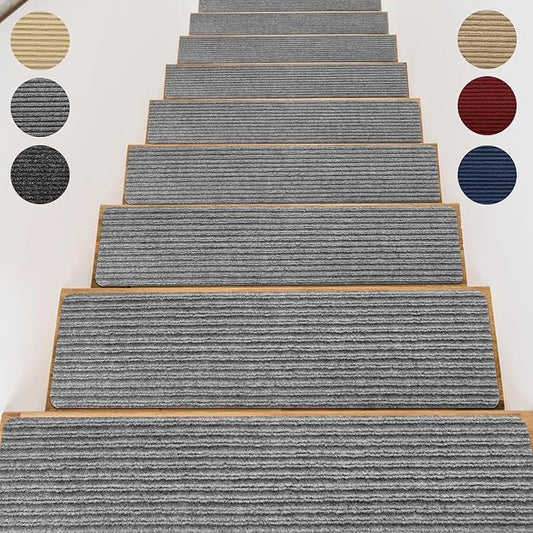 Stair Treads for Wooden Steps - Non Slip Stairs Carpet Tape Peel and Stick with Double Adhesive Tape Set of 15 Stripe- Light Grey