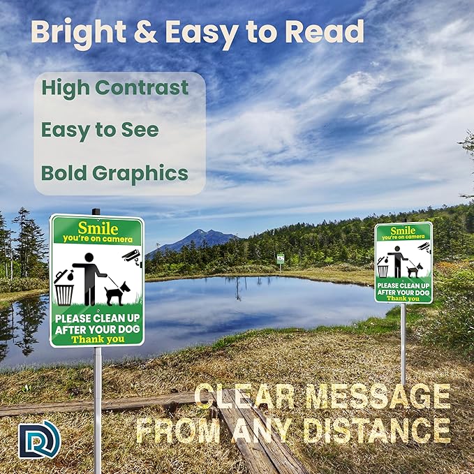 Clean Up After Your Dog Signs, Smile Youre on Camera Signs, 10 x 13 Inch Reflective Aluminum Outdoor Yard Signs with 28 Inch Metal Stake, 3 Pack