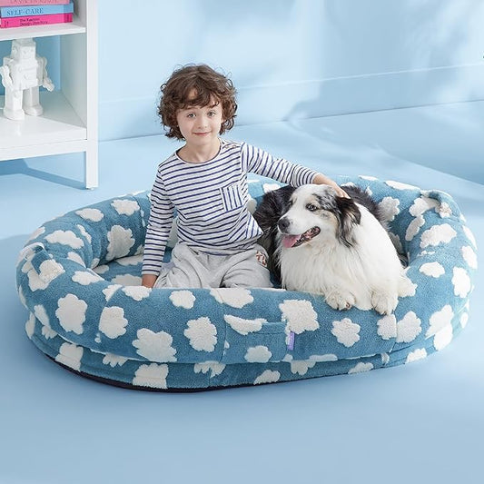 LE SURE Human Dog Bed for Adult & Kids - Calming XXL Size Bed with Egg Foam Supportive Mat as Gift for Family, Cute Modern Beds with Jacquard Shaggy Plush & Anti Slip Bottom 55x37x10, Blue