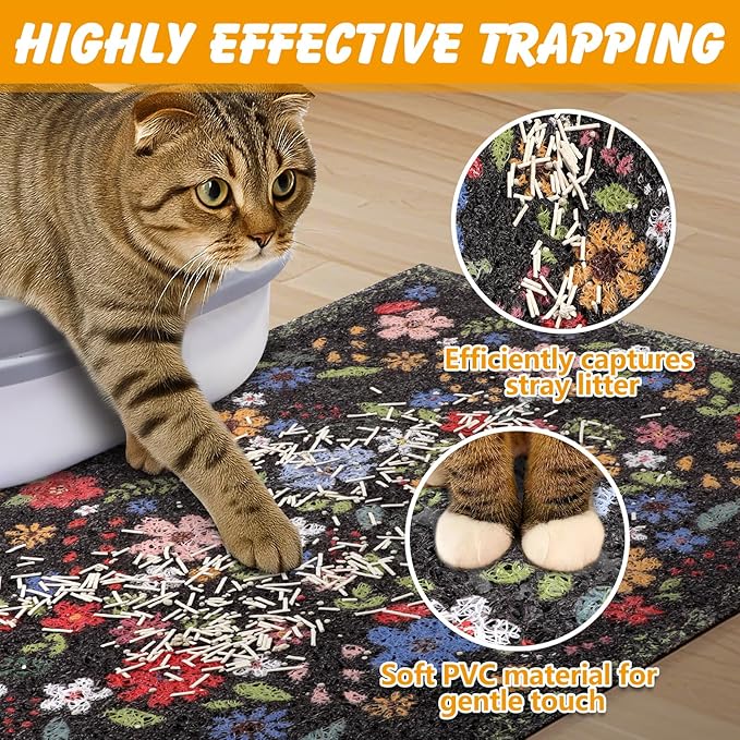 Cat Litter Mat, 20x15 in Litters Box Mat Waterproof Non-Slip Easy to Clean Washable Trapping Mat for Kitty(Black Leaves)
