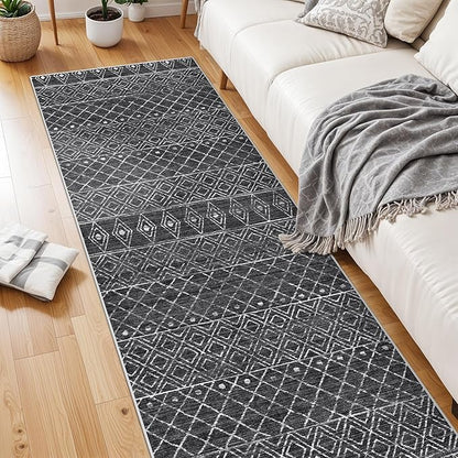 Moroccan 2'6"x8' Hallway Runner Rug: Washable Non Slip Soft Rugs - Low Pile Thin Indoor Floor Mats - Geometric Carpet for Living Room Kitchen Bedroom 2'6"x8' Black