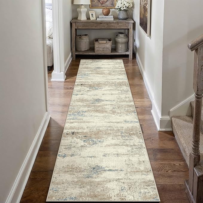2x8 Runner Rug Washable Beige Brown Abstract Modern Neutral Hallway Carpet Non Slip Soft Low Pile Indoor Kitchen Carpet Contemporary Aesthetic Long Rug Bathroom Bedroom Laundry