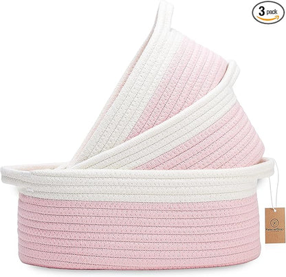 NaturalCozy 3-Piece Oval Storage Basket Set– Soft Natural Rope Woven Baskets for Storage Shelf, Toy, Nursery, Gift, Baby Shower, Pets Cat Dog Bins | Small Basket for Organizing (Off White & Pink)