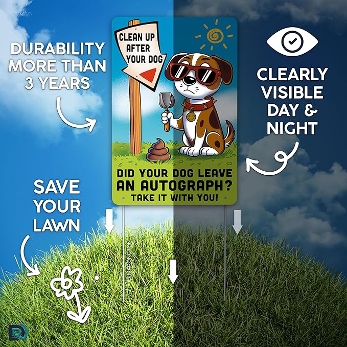 2 PC Clean Up After Your Dog Signs, 8x12 Aluminum 1mm Reflective No Dog Poop Sign, Single-Sided for Lawn or Yard
