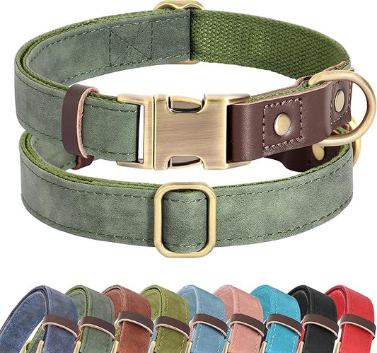 Didog Soft PU Leather Dog Collars for Small Dogs,Classic Adjustable Dog Collars with Quick Release Metal Buckle,Easy Clean and Comfortable with Nylon Lining,Green,S Neck 11-15"