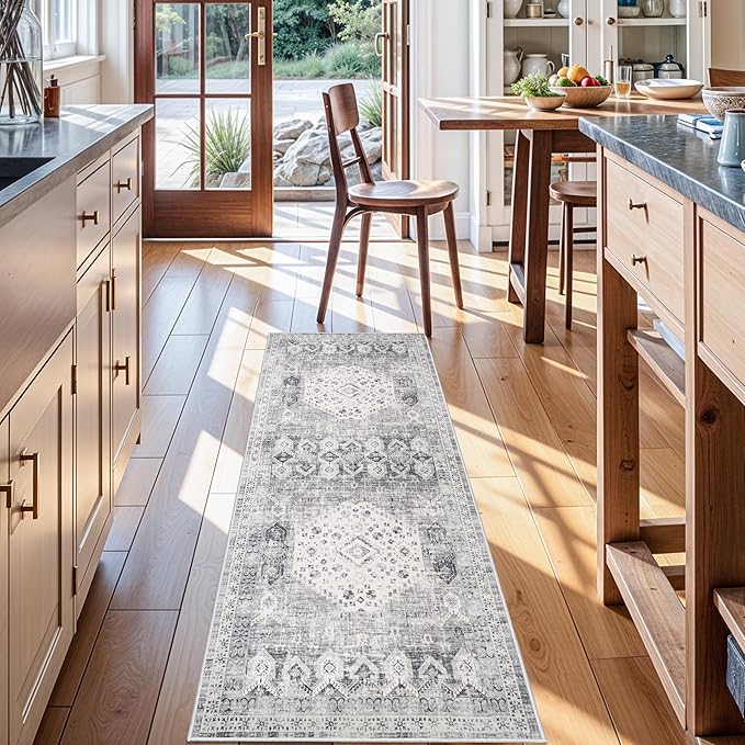 RUUGME 2x5 Hallway Runner Rug: Easy Clean Washable Carpet for Entryway Bedroom Kitchen Non Slip Non-Curl Edges Rugs Vintage Indoor Floor Mat - Perfect for High Traffic Areas with Pets 2'x5' Grey