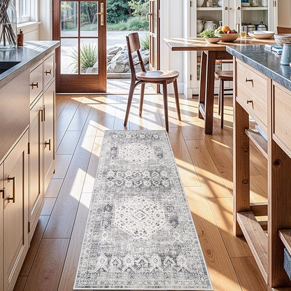 RUUGME 2x5 Hallway Runner Rug: Easy Clean Washable Carpet for Entryway Bedroom Kitchen Non Slip Non-Curl Edges Rugs Vintage Indoor Floor Mat - Perfect for High Traffic Areas with Pets 2'x5' Grey