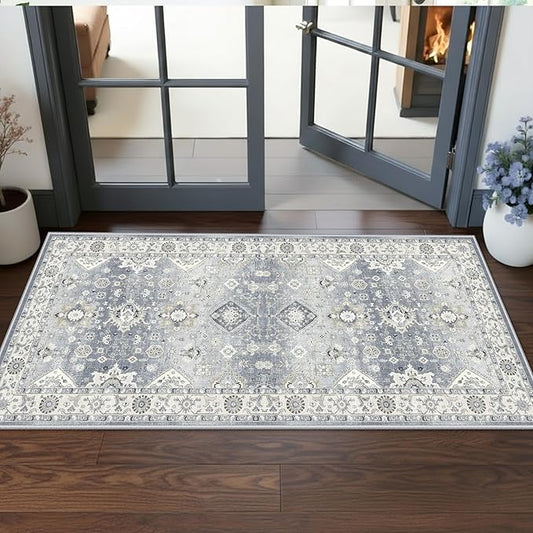 2x5 Washable Kitchen Area Rug: Oriental Stain Resistant Sink Stove Rug Farmhouse Soft Low-Pile Carpet for Entryway Bathroom Thin Laundry Room Living Room Floor Mat with Non Slip Backing (2x5,Grey)