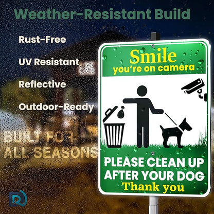 Clean Up After Your Dog Signs, Smile Youre on Camera Signs, 10 x 13 Inch Reflective Aluminum Outdoor Yard Signs with 28 Inch Metal Stake, 2 Pack
