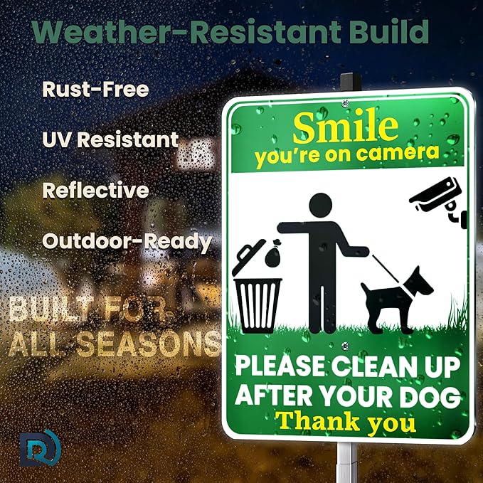 Clean Up After Your Dog Signs, Smile Youre on Camera Signs, 10 x 13 Inch Reflective Aluminum Outdoor Yard Signs with 28 Inch Metal Stake, 3 Pack