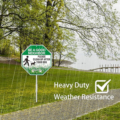 Clean Up After Your Dog Sign with Stake, 2 Pack 10"W x 28"H Aluminum Be A Good Neighbor, Pick Up After Your Dog Sign for Yard, No Poop Lawn Sign, UV Protected & Waterproof, Easy to Install