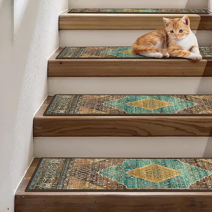 Non Slip Stair Treads for Wooden Steps 15PCS - 8"x30" Indoor Safety Carpet, Edging Mats with TPE Adhesive Backing, Pet and Elderly Friendly Stair Rugs (Amber&Cyan)