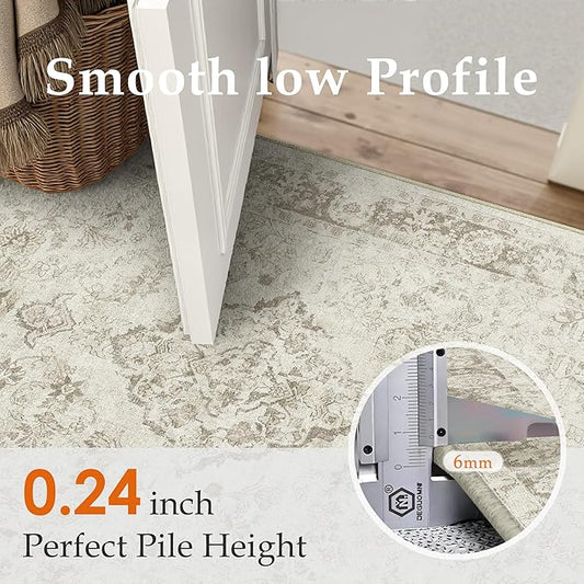 2x6 Runner Rug Beige Washable Hallway Kitchen Carpet Vintage Distressed Small Non Slip Low Pile Thin Bedroom Medallion Accent Throw Rug Laundry Living Room