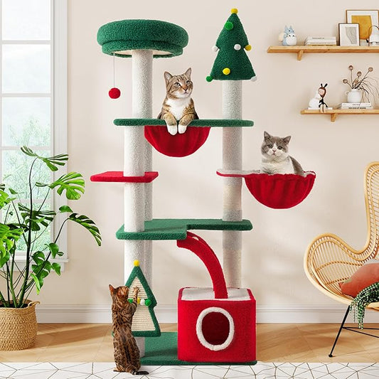 SHA CERLIN 67in Tall Cat Tree/Climbing Tower with Top Perch, Hammock, Sisal Scratching Posts/Cute Condo for Indoor Kitties/Pet Feline House/Activity Center/Christmas Decor/Green & Red