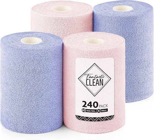 Fantasticlean Microfiber Cleaning Cloth Roll 4 Rolls 240 Pack, Tear Away Paperless Towels, 8" x 8", Reusable Washable Rags, House Kitchen, Pet, Office, Indoor Outdoor, Portable (2Pink 2Light-Purple)