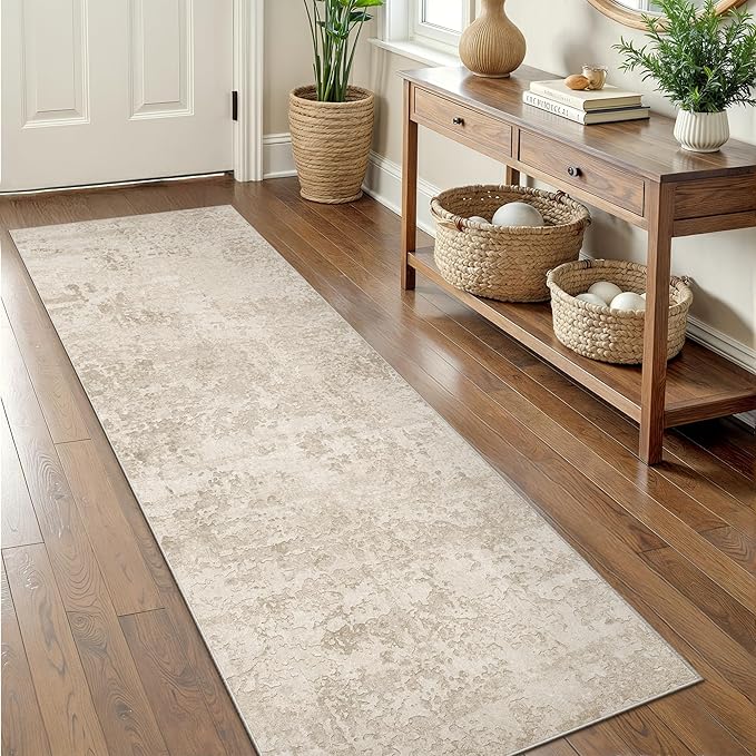 Art&Tuft Non-Slip Runner Rug - 2‘6x8 Runner Rug Washable Low-Pile Rugs Runners, Soft Distressed Carpet Runner for Bedroom Bathroom Kitchen Laundry Living Room, Beige