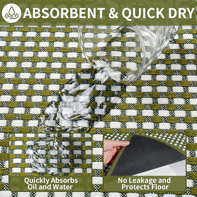 Kitchen Rugs Non Slip Washable, Rubber Backing Soft Chenille Braided Kitchen Mats for Floor, Super Absorbent Kitchen Runner Rug Standing Mat Sink Mat, Easy to Clean, Green 17"x47"