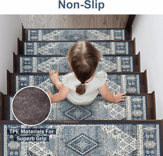 Non Slip Stair Treads for Wooden Steps 15PCS - 8"x30" Indoor Safety Carpet, Edging Mats with TPE Adhesive Backing, Pet and Elderly Friendly Stair Rugs (Blue&Ivory)