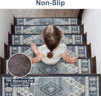 Non Slip Stair Treads for Wooden Steps 15PCS - 8"x30" Indoor Safety Carpet, Edging Mats with TPE Adhesive Backing, Pet and Elderly Friendly Stair Rugs (Blue&Ivory)