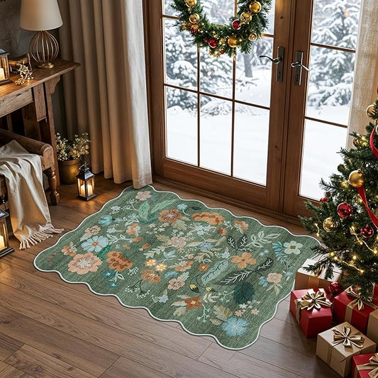 Washable Floral 2x3 Area Rug: Indoor Soft Scalloped Carpet for Entryway Kitchen Nursery Non-Slip Water Resistant Bathroom Laundry Floor Mat Low Pile Durable Door Mat(2x3 Floral/Green)