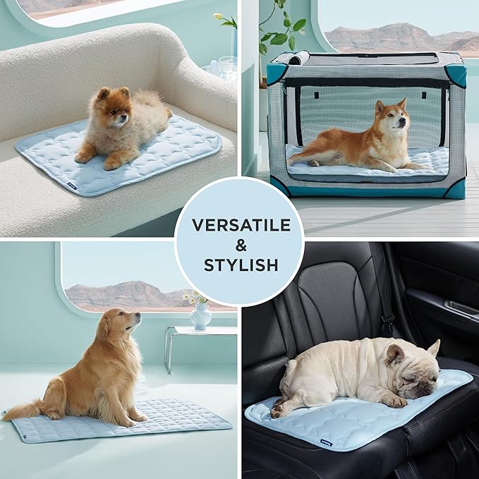 Bedsure Cooling Mat for Small Dog, Q-Max>0.5 Thin Breathable Cold Crate Pad for Puppy and Cat, Portable Washable Kennel Bed for Active Pet with Chill Soothing Fabric to Rapid Cooling, 24x18, Blue